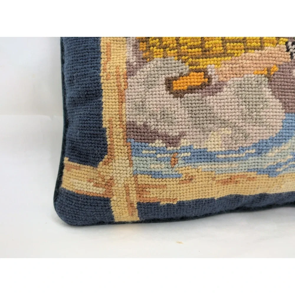 VTG Fly Fishing Fish Pillow Needlepoint Creel Outdoor Cottage Lakehouse Wool